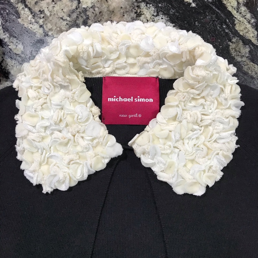 Vintage Michael Simon Black Ivory Rosette Crop Sweater Cardigan ~ Women’s Small - Picture 2 of 7
